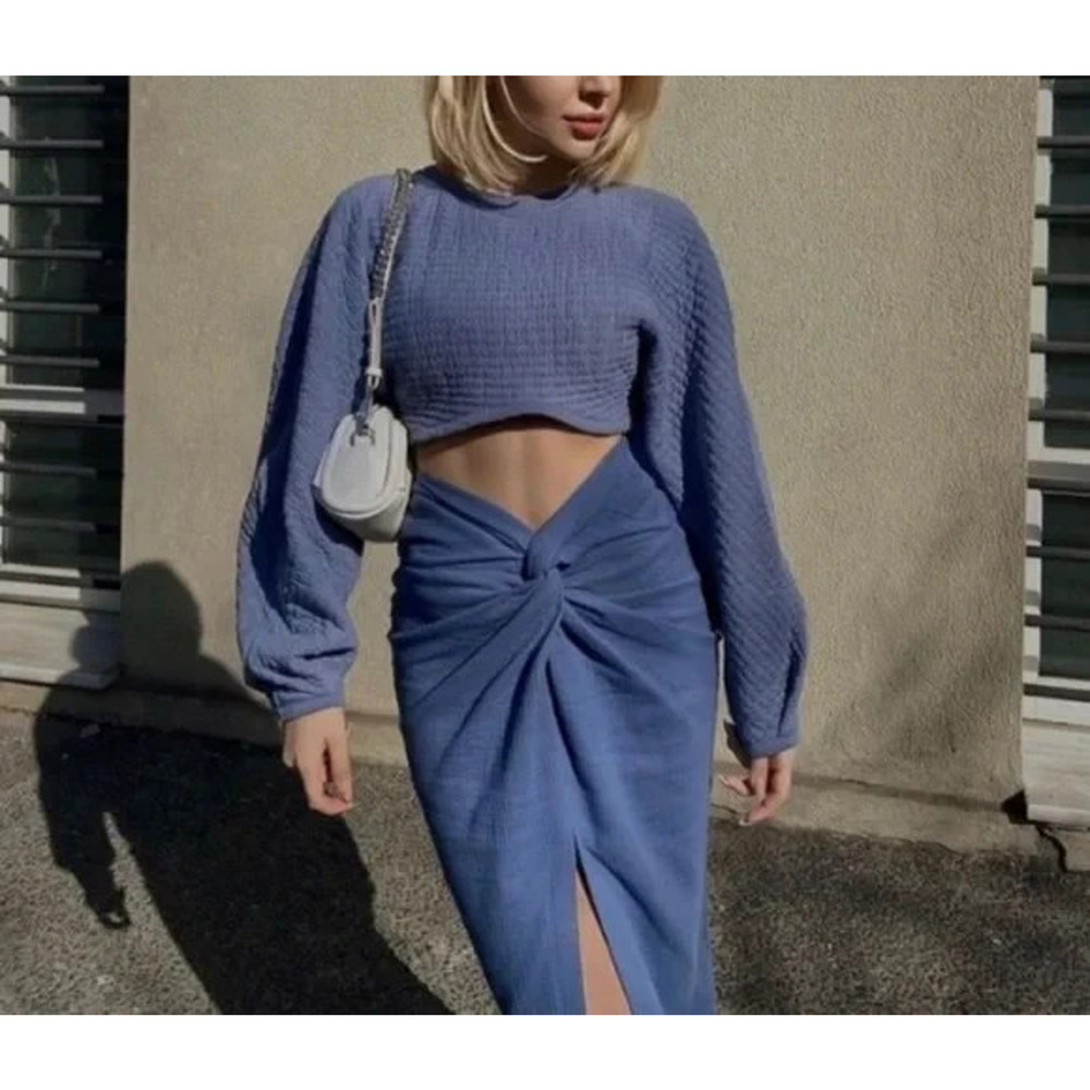 Zara Textured Knotted Skirt gauze cotton Y2K‎ preppy Oasis Blue Small A004299